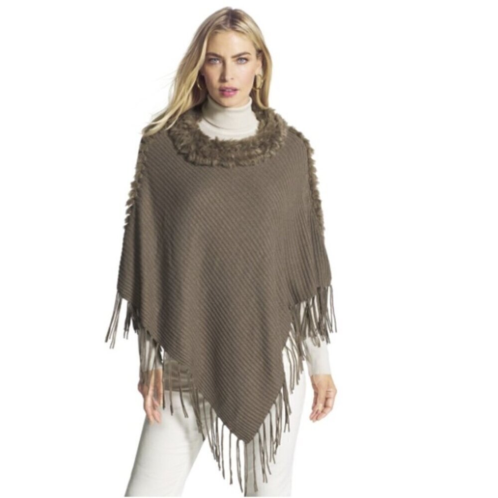 Chico's Finley Faux-Fur Brown Knit Sweater Poncho